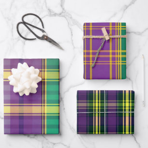 Elegant Purple, Green and Gold Mardi Gras Plaid Wrapping Paper Sheets