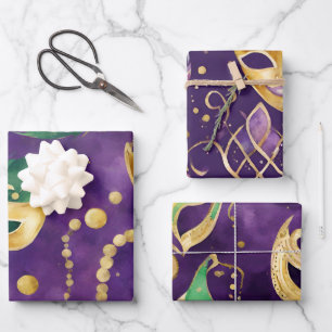 Elegant Purple, Green and Gold Masks Mardi Gras Wrapping Paper Sheets