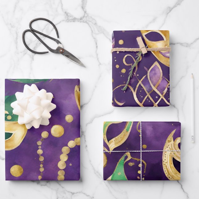 Elegant Purple, Green and Gold Masks Mardi Gras Wrapping Paper Sheets (Front)