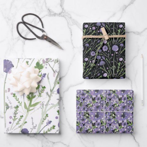 Elegant  Purple Green Black Floral Pattern Wrapping Paper Sheets