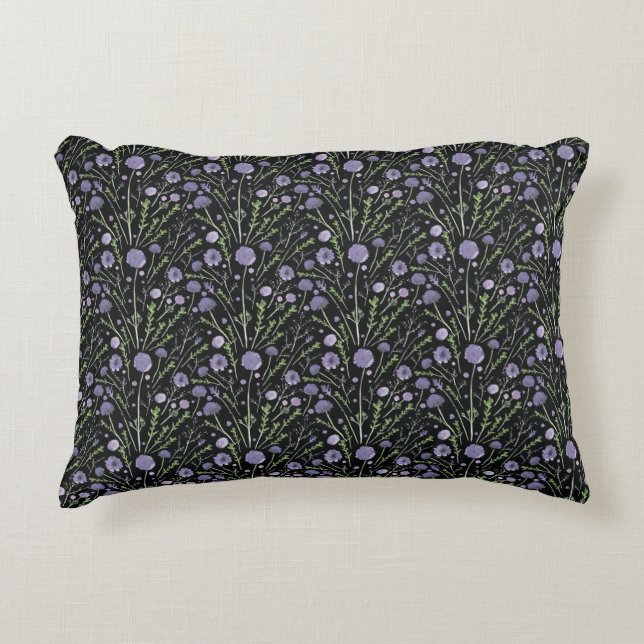Elegant Purple Green Black Watercolor Flowers Accent Pillow (Front)