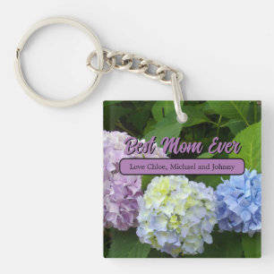 Elegant purple green blue floral hydrangeas keychain