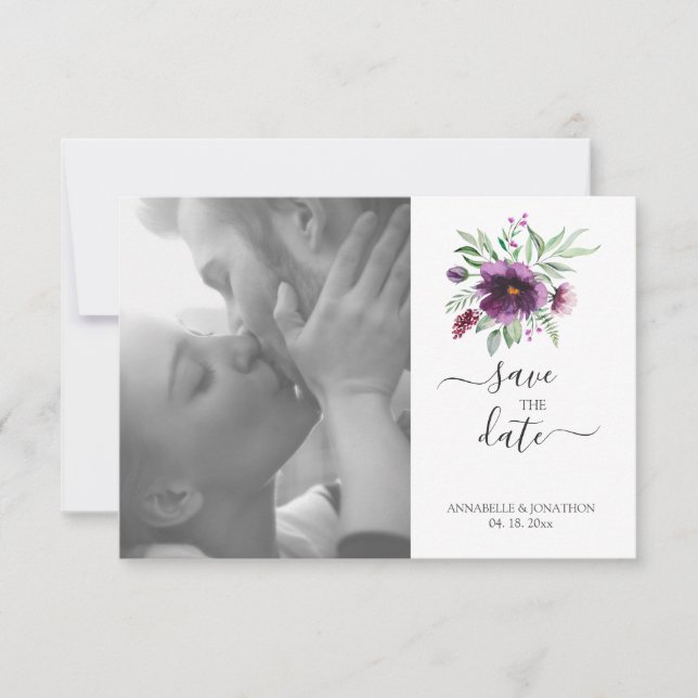 Elegant Purple Green Floral Wedding Save The Date (Front)
