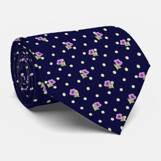 Elegant Purple Green on Navy Blue Floral Pattern Neck Tie