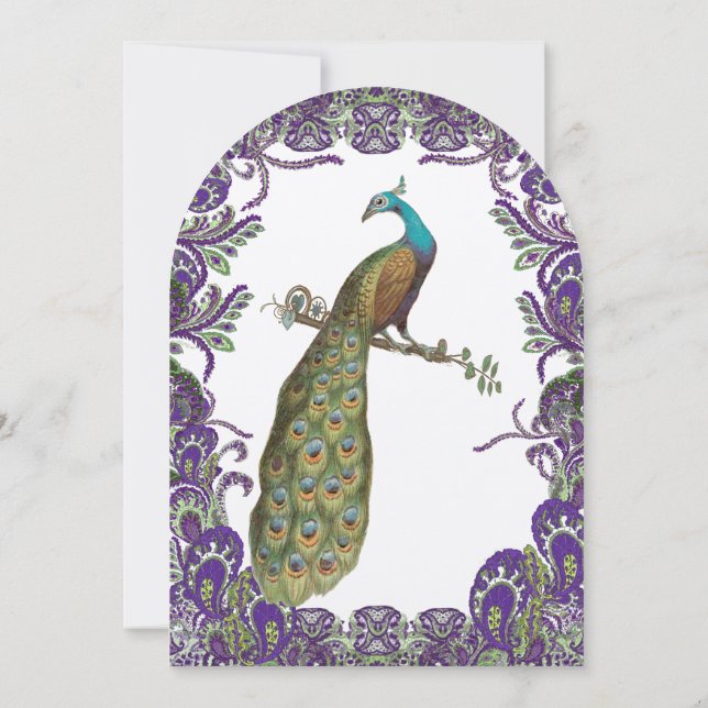 Elegant Purple & Green Peacock Wedding Invitations (Back)