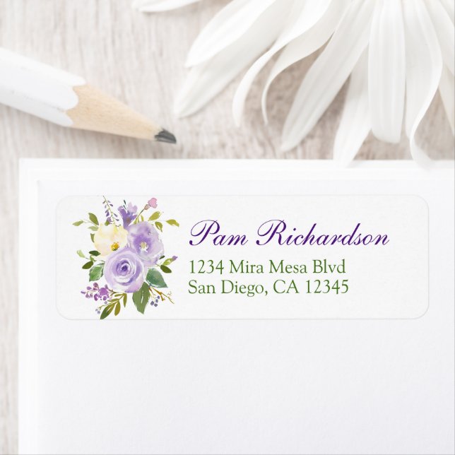 Elegant Purple Green Watercolor Floral Address Label (Insitu)
