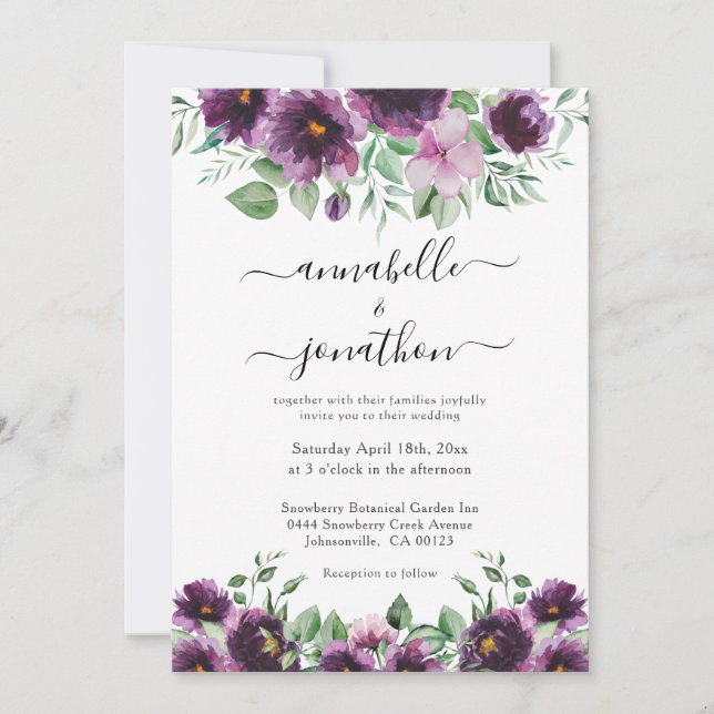 Elegant Purple Green Watercolor Floral Wedding Invitation (Front)