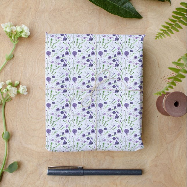 Elegant Purple Green Watercolor Flower Pattern Wrapping Paper