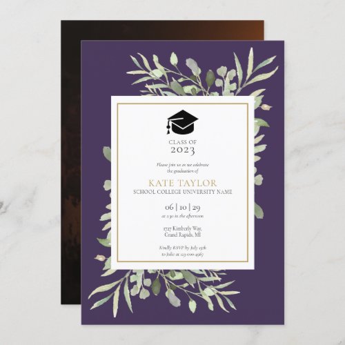 Elegant Purple Greenery Photo Graduation Party Inv Invitation