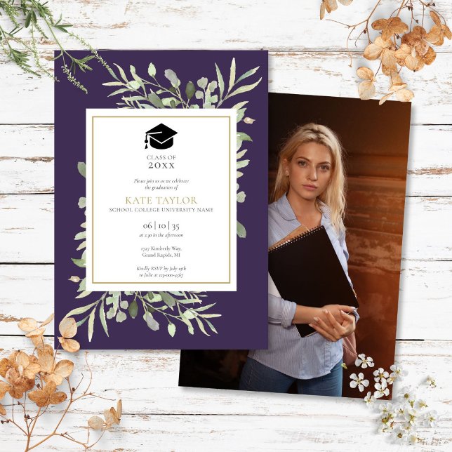 Elegant Purple Greenery Photo Graduation Party Invitation (Elegant Purple Greenery Photo Graduation Party Invitation)