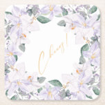 Elegant Purple & Greenery Watercolor Cheers!  Square Paper Coaster<br><div class="desc">This collection highlights the beauty of delicate purple orchids and graceful watercolor greenery leaves, beautifully accompanied by an elegant calligraphy font. To personalize the details, simply click on "Personalize." You have the freedom to customize every element, effortlessly adjusting the position of text and images, as well as modifying the size,...</div>