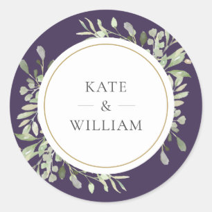 Elegant Purple Greenery Wedding Gold Favor Classic Round Sticker