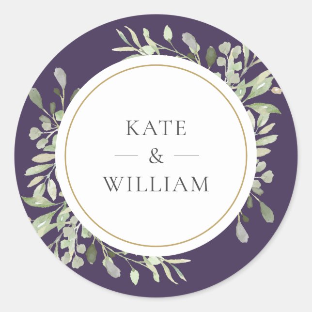 Elegant Purple Greenery Wedding Gold Favor Classic Round Sticker (Front)