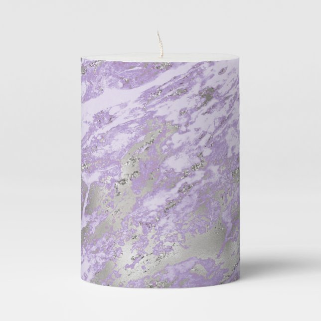 Elegant Purple Grey Abstract Chic Pattern Pillar Candle (Front)