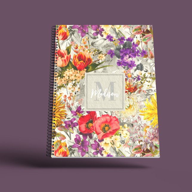 Elegant Purple Grey Floral Botanical Monogram Notebook (Creator Uploaded)