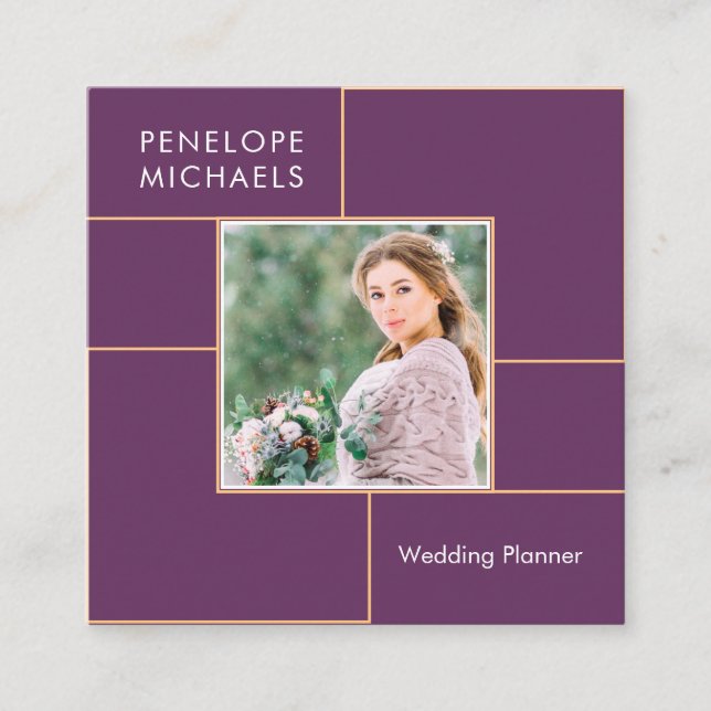 Elegant Purple Grid with Photo Square Business Card (Front)