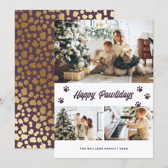 Elegant Purple Happy Pawlidays Gold Stars Photo Holiday Card