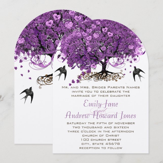 Elegant Purple Heart Leaf Tree Wedding Invitation (Front/Back)