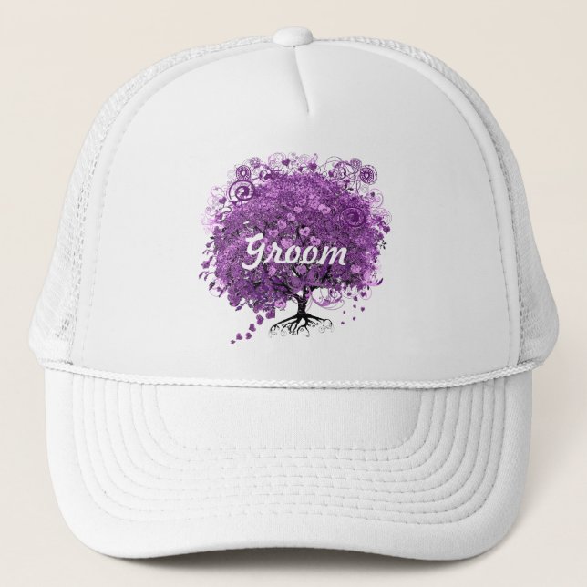 Elegant Purple Heart Leaf Tree Wedding Trucker Hat (Front)