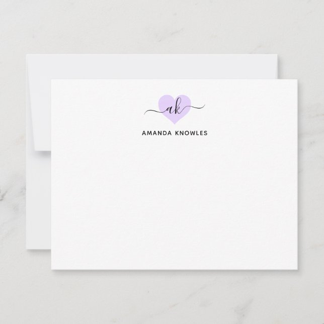 Elegant Purple Heart Monogram Simple Minimalist Note Card (Front)