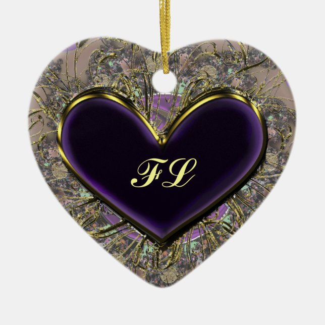 Elegant Purple Heart Monogrammed Ornament (Front)