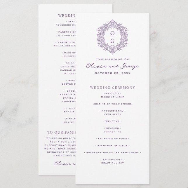 Elegant Purple Heirloom Wedding Program (Front/Back)