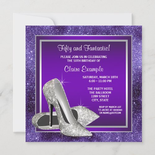 Elegant Purple High Heels Birthday Party 5.25x5.25 Square Paper Invitation Card