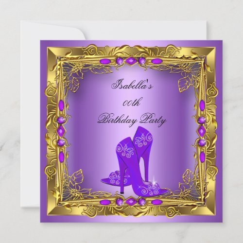 Elegant Purple High Heels Gold Birthday Party 2 Invitation