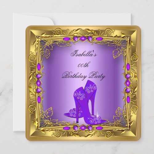 Elegant Purple High Heels Gold Birthday Party Invitation