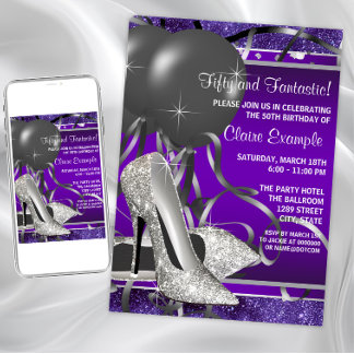 Elegant Purple High Heels Womans Birthday Party Invitation