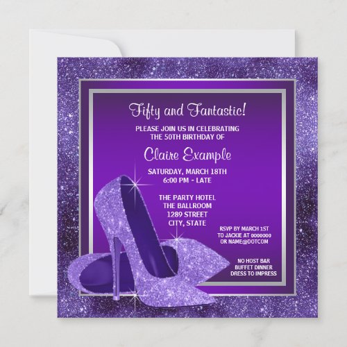 Elegant Purple High Heels Womans Birthday Party Invitation