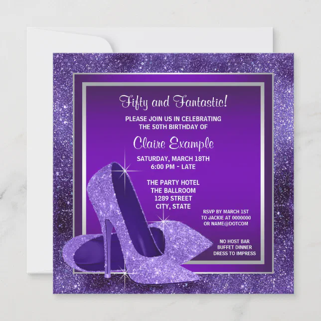 Elegant Purple High Heels Womans Birthday Party Invitation | Zazzle