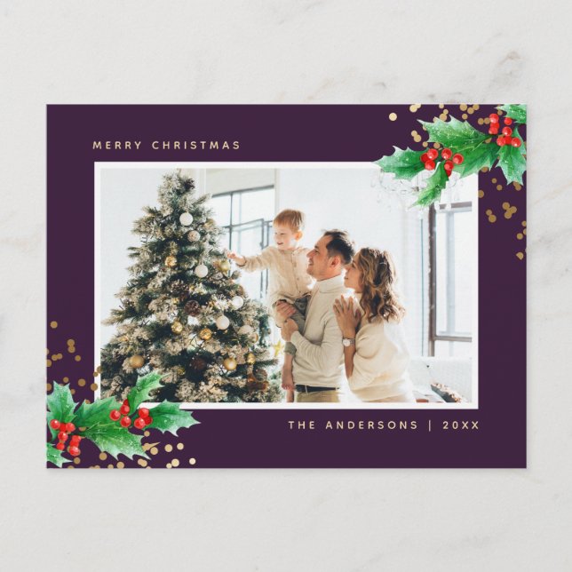 Elegant Purple Holly Photo Merry Christmas Holiday Postcard (Front)