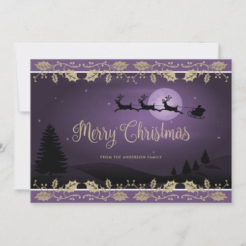 Elegant Purple Holly Santa Claus Merry Christmas Holiday Card