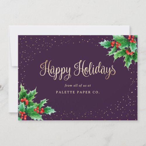 Elegant Purple Holly Snow Business Holiday Card