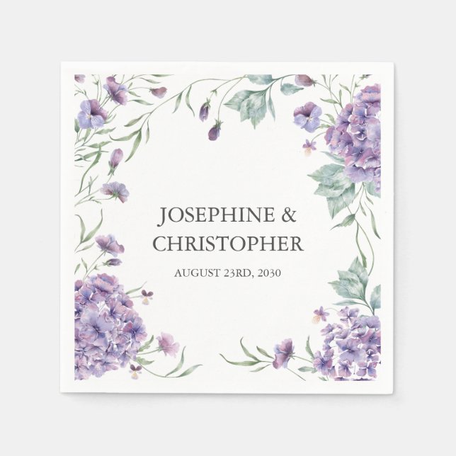 Elegant Purple Hydrangea Floral Wedding Napkins (Front)