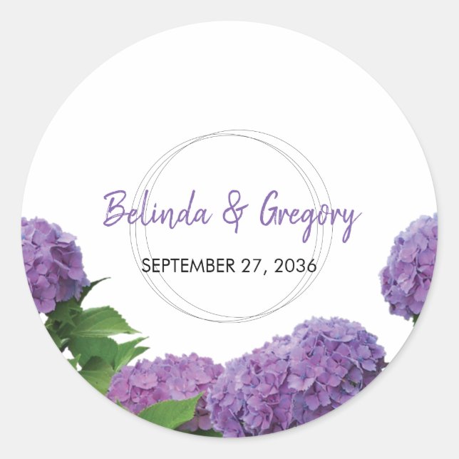 Elegant Purple Hydrangea Wedding Classic Round Sticker (Front)