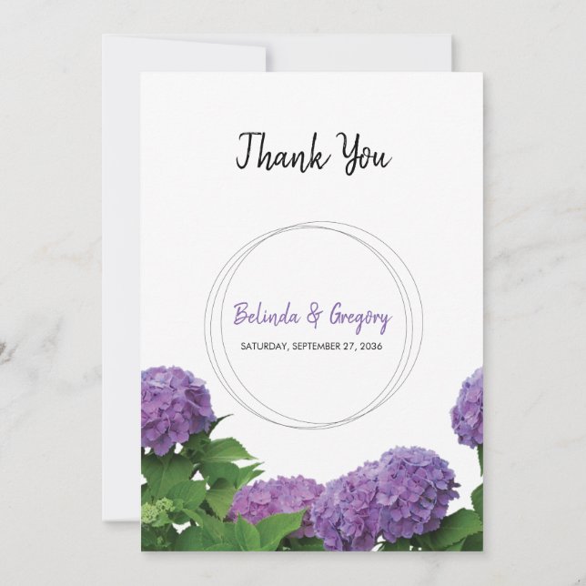 Elegant Purple Hydrangea Wedding Thank You Card (Back)