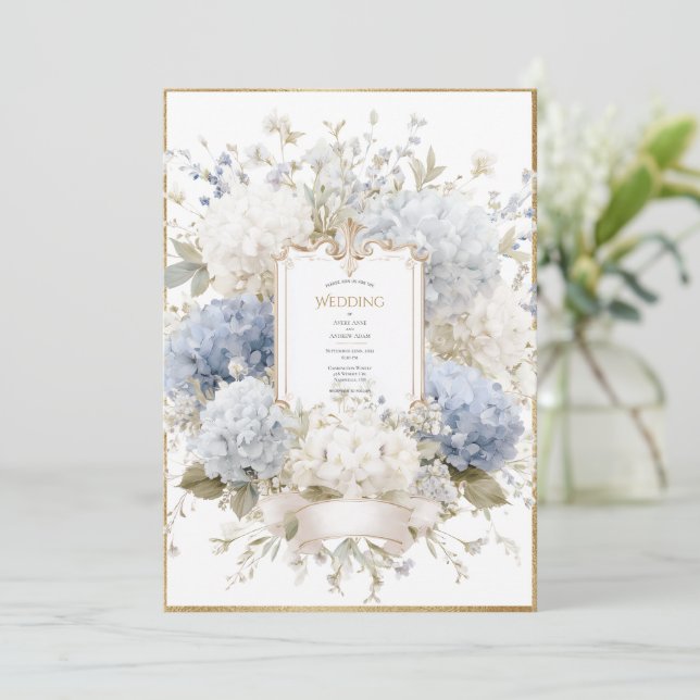 Elegant Purple Hydrangeas Vintage Wedding Invitation (Standing Front)