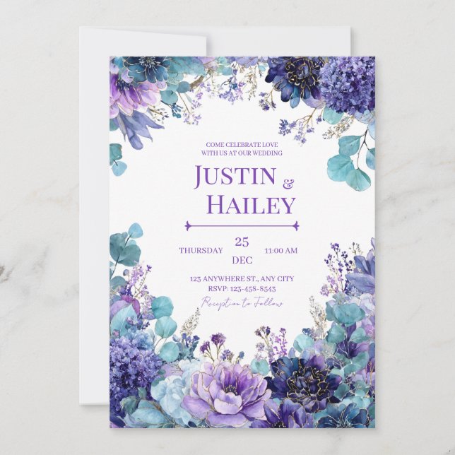 Elegant Purple Indigo Gold Floral Watercolor Invitation (Front)