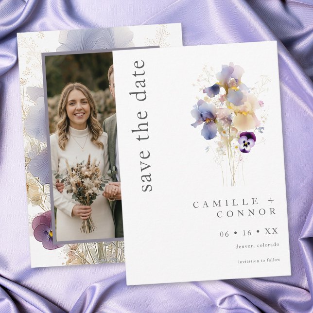 Elegant Purple Iris Watercolor Garden Wedding  Save The Date (Elegant Purple Iris Watercolor Garden Wedding Photo Save The Date)