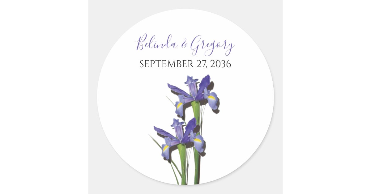 Elegant Purple Iris Wedding Classic Round Sticker | Zazzle