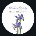 Elegant Purple Iris Wedding Classic Round Sticker<br><div class="desc">This elegant floral design features purple irises. The beautiful purple irises with their green stems. The bride's and groom's names are color matched to the purple of the iris flower. This is the perfect elegant floral wedding design ideal for any wedding theme. Elegant iris flower wedding sticker design with modern...</div>