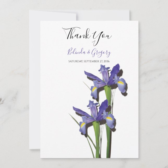 Elegant Purple Iris Wedding Thank You Card (Back)