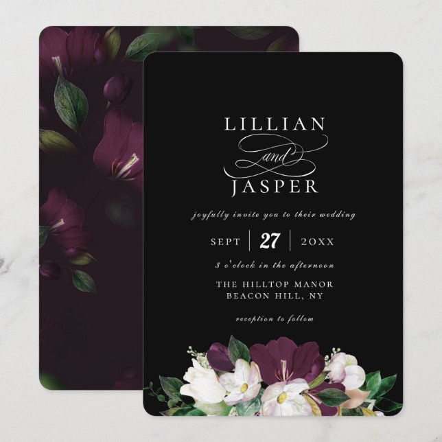 Elegant Purple Ivory Floral Bouquet Wedding Invitation (Front/Back)