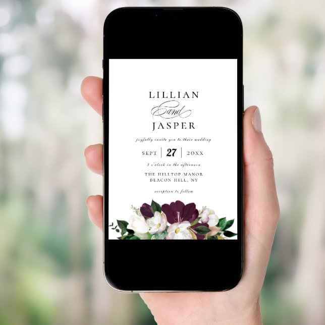 Elegant Purple Ivory Floral Bouquet Wedding Invitation (Front Digital)