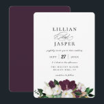 Elegant Purple Ivory Floral Bouquet Wedding Invitation<br><div class="desc">Modern and elegant floral wedding invitation. Beautiful bouquet of dark purple and ivory flowers with rich green and golden leafy greenery.  Coordinating dark plum purple color backing. Invitation features chic typography design style mix of calligraphy and bold type.</div>