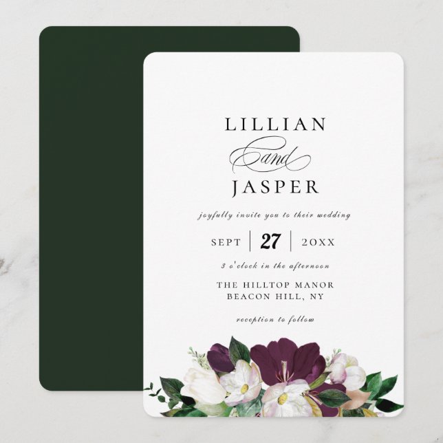 Elegant Purple Ivory Floral Bouquet Wedding Invitation (Front/Back)
