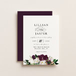 Elegant Purple Ivory Floral Bouquet Wedding Invitation<br><div class="desc">Modern and elegant floral wedding invitation. Beautiful bouquet of dark purple and ivory flowers with rich green and golden leafy greenery.  Coordinating dark plum purple color backing. Invitation features chic typography design style mix of calligraphy and bold type.</div>