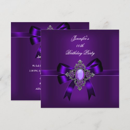 Elegant Purple Jewel Bow Birthday Party Personalized Invite